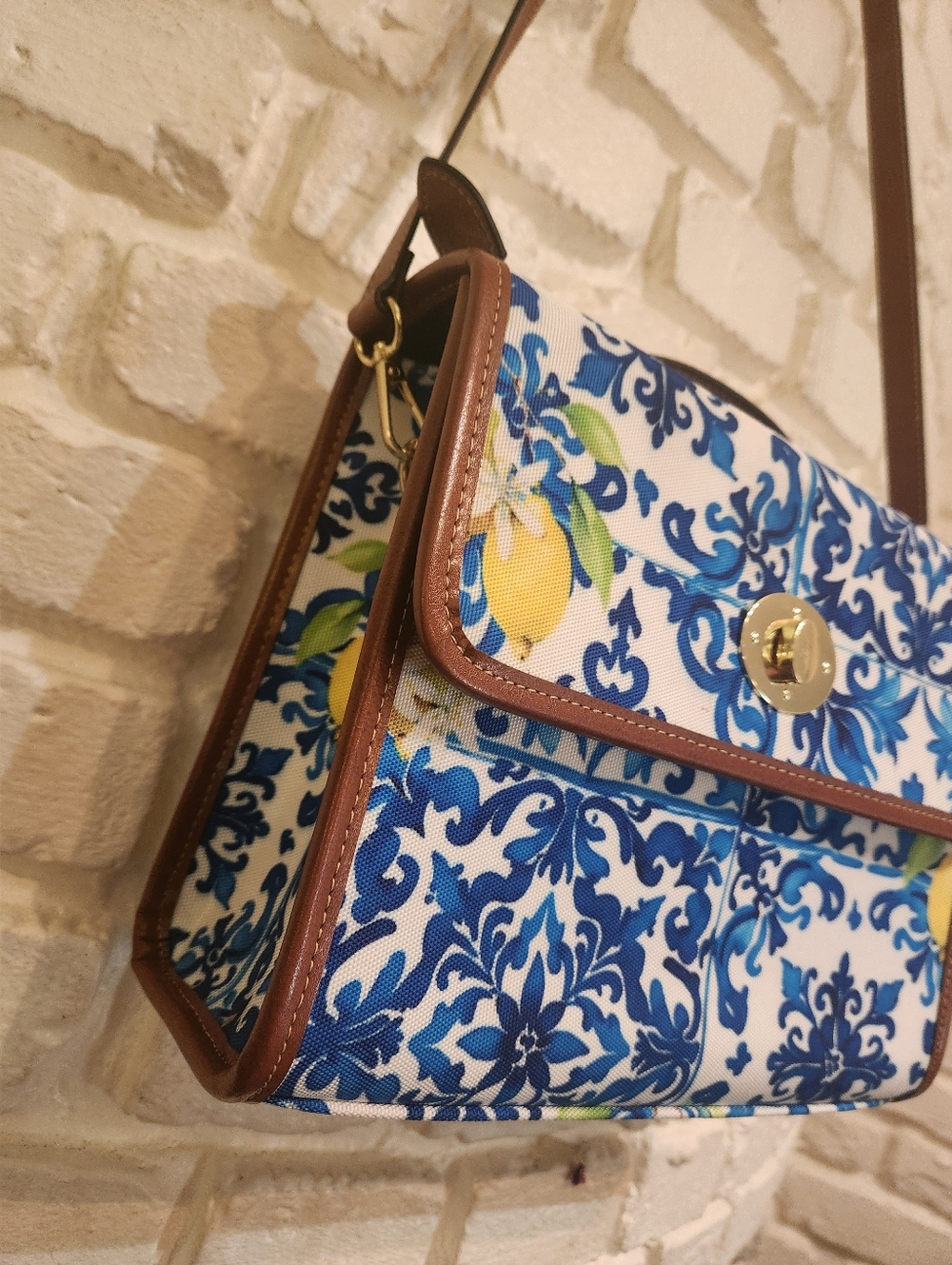 Santorini Style Blue Tile & Lemons Print Crossbody Bag W/Brown Faux Leather Trim - Picture 2 of 10